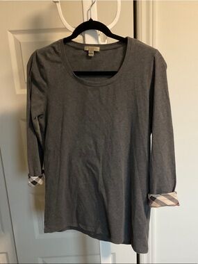 Burberry Gray Long Sleeve Scoop Neck Top with Plaid Cuff Detail